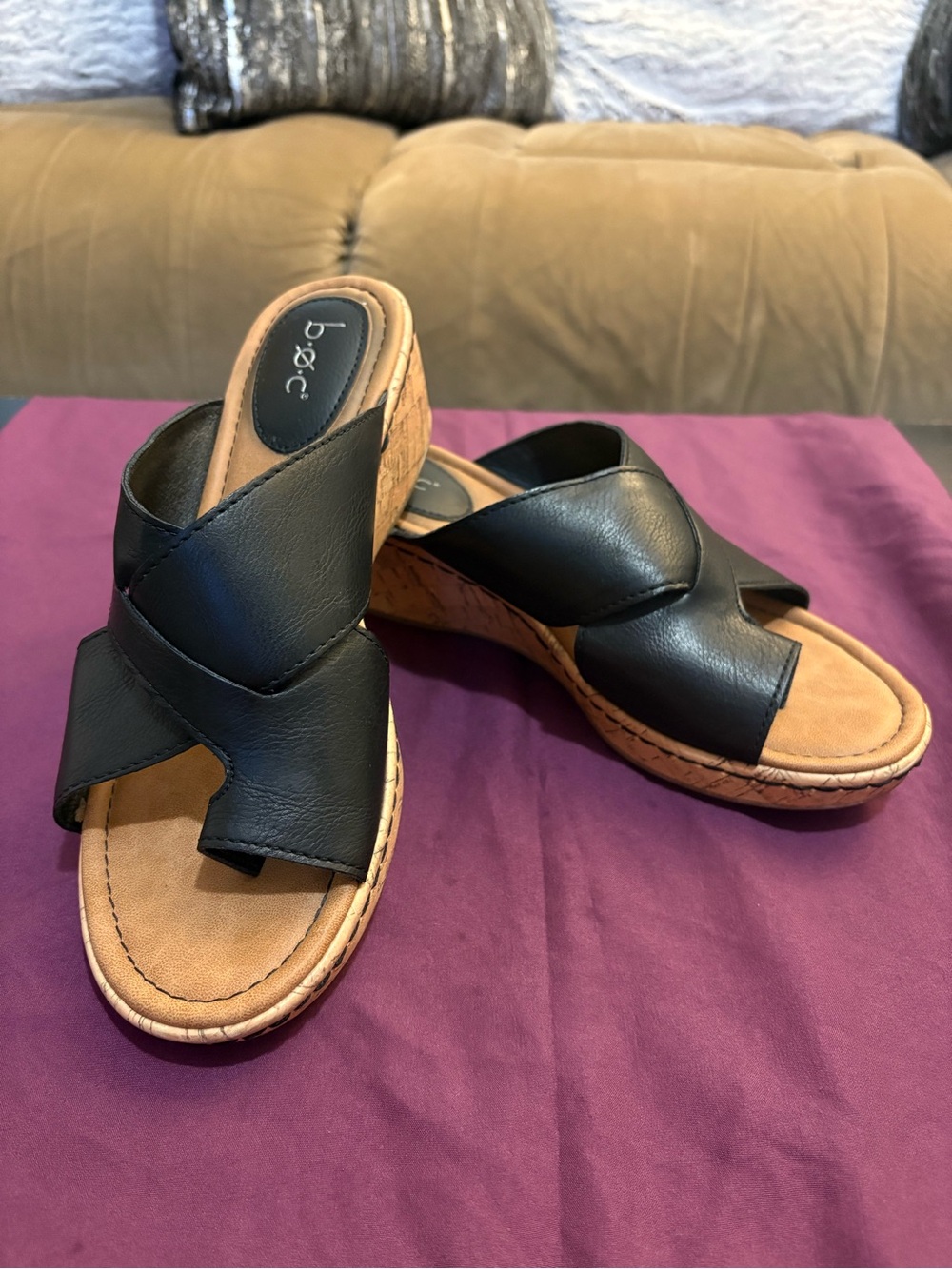 b.o.c. Black Crisscross Slide Wedge Sandals with Tan Footbed